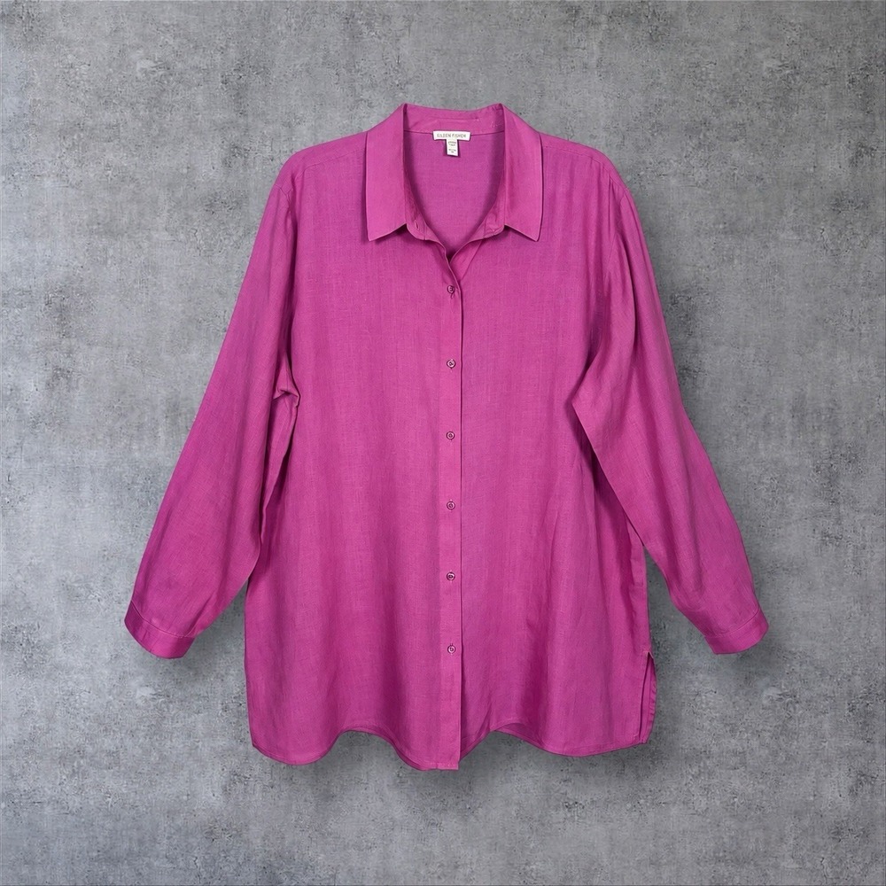 Eileen Fisher Organic Handkerchief  Linen Button Front Shirt Womens XL Pink